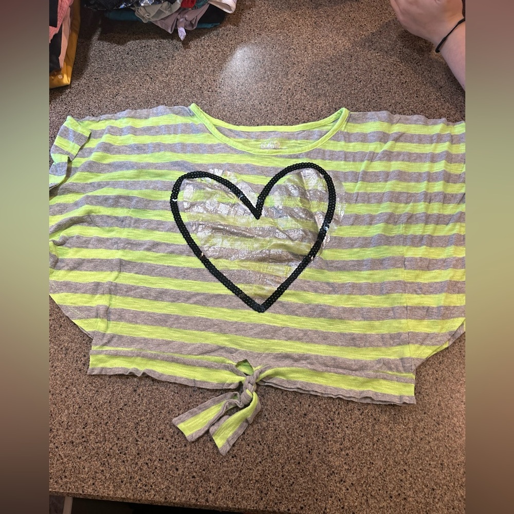 Justice Lime and Gray Striped Heart Tee